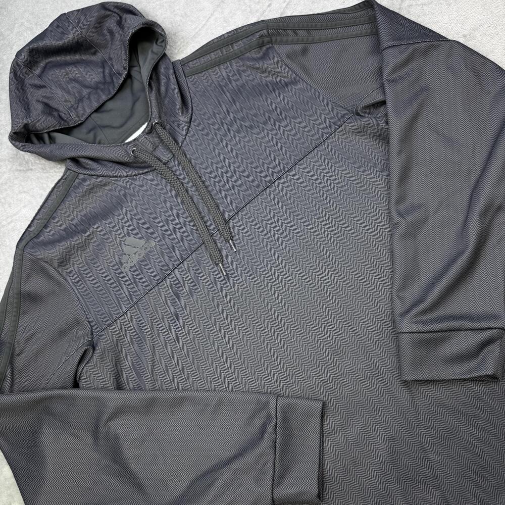 Adidas Hoodie Mens Medium Gray Black Climalite Pullover Herringbone 3 Stripes